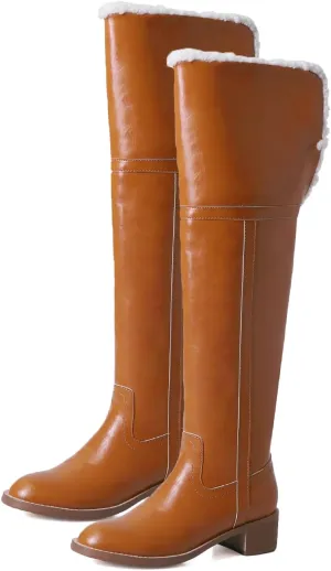 Raw Edge Low Heel Snow Boots, Round Toe Thick Bottom Zipper Knee Boots Short Plush Lined Warm Straight Boots Turn-Up Two-Way Wear Practical High Boots