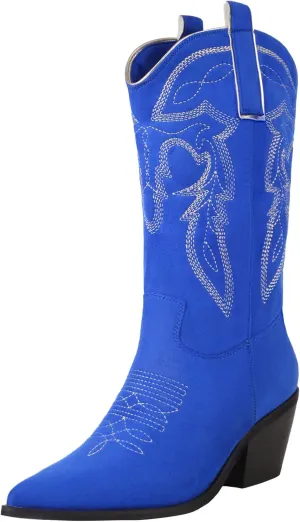 Reitoye Women's Embroidered Western Cowboy Boots Mid Calf Chunky Heel Pull-Up Tabs Classic Cowgirl Boot