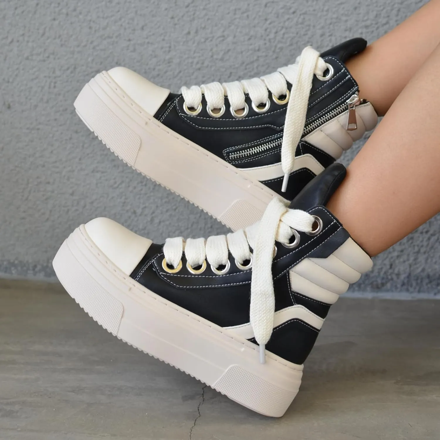 Retro Fashionable High-top Women Sneakers Shoes Thick Sole with Zipper Soft Leather Vintage Outdoor Sneakers