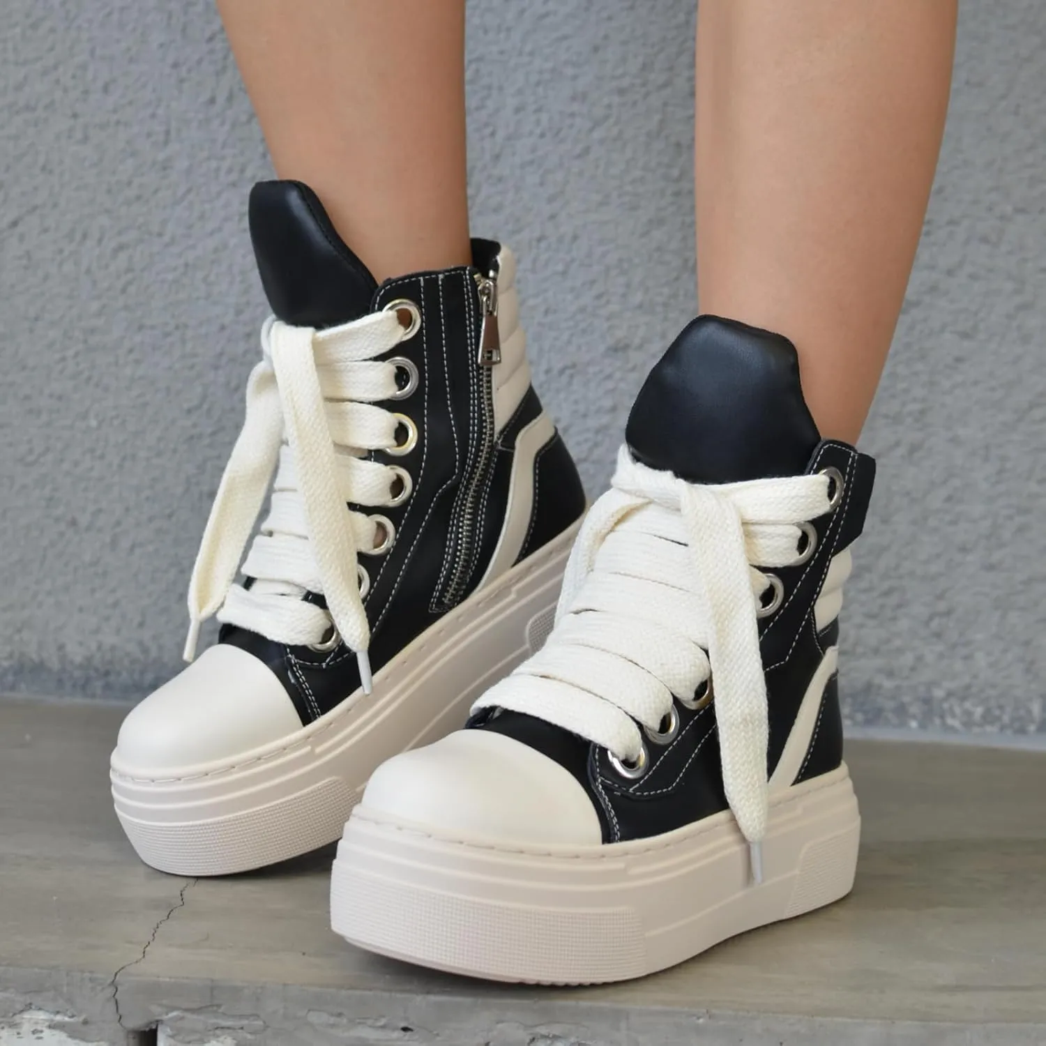 Retro Fashionable High-top Women Sneakers Shoes Thick Sole with Zipper Soft Leather Vintage Outdoor Sneakers