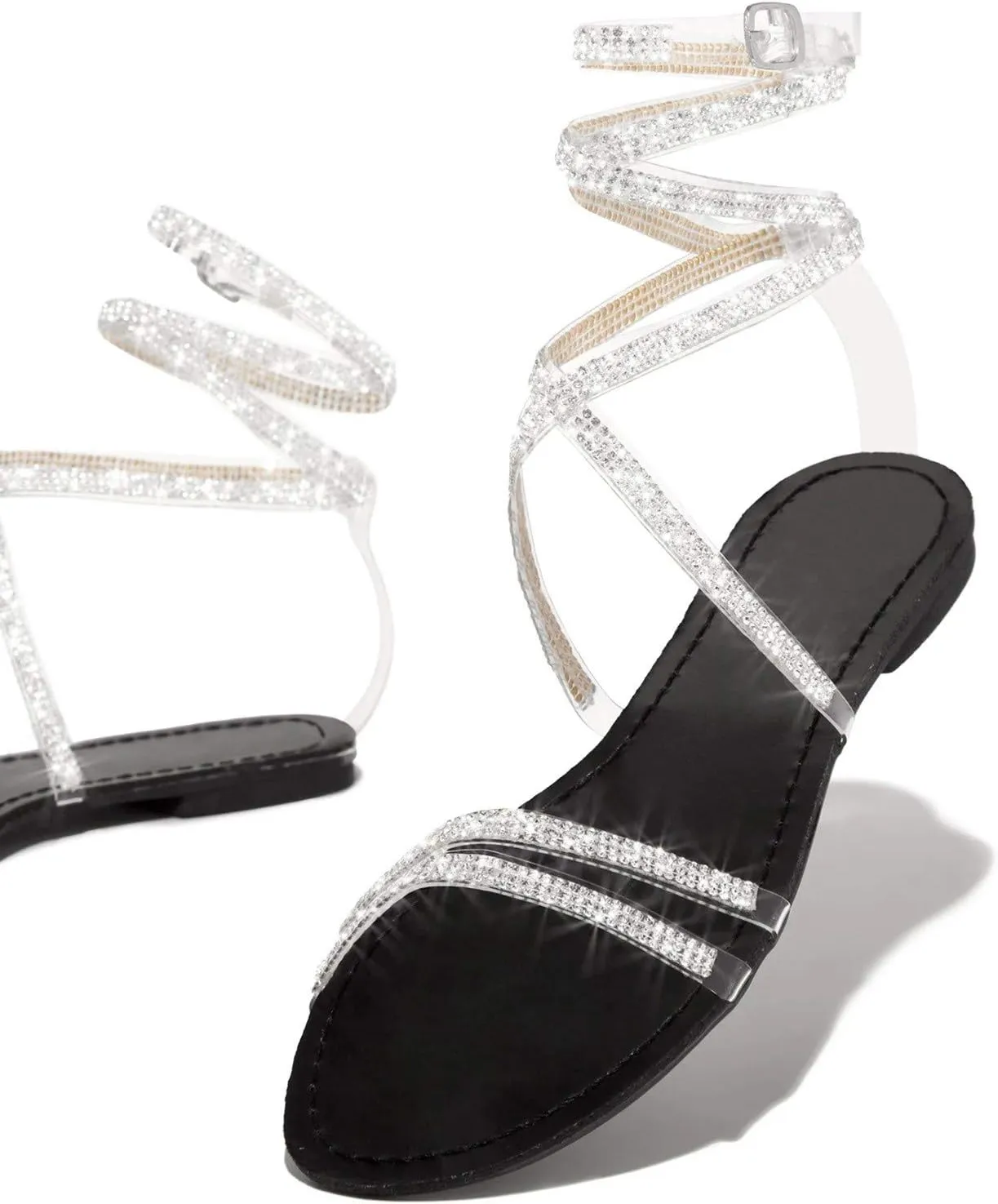 Rhinestones Sandals for Women Dressy 2025 Wedding Summer Flat Casual Summer Rhinestone Beaded Sparkly Bling Bohemian Lace Flower Sandal Comfortable Elastic Ankle Strap Beach Shoes