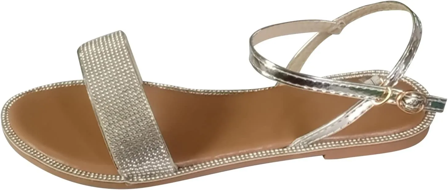 Rhinestones Sandals for Women Dressy 2025 Wedding Summer Flat Casual Summer Rhinestone Beaded Sparkly Bling Bohemian Lace Flower Sandal Comfortable Elastic Ankle Strap Beach Shoes