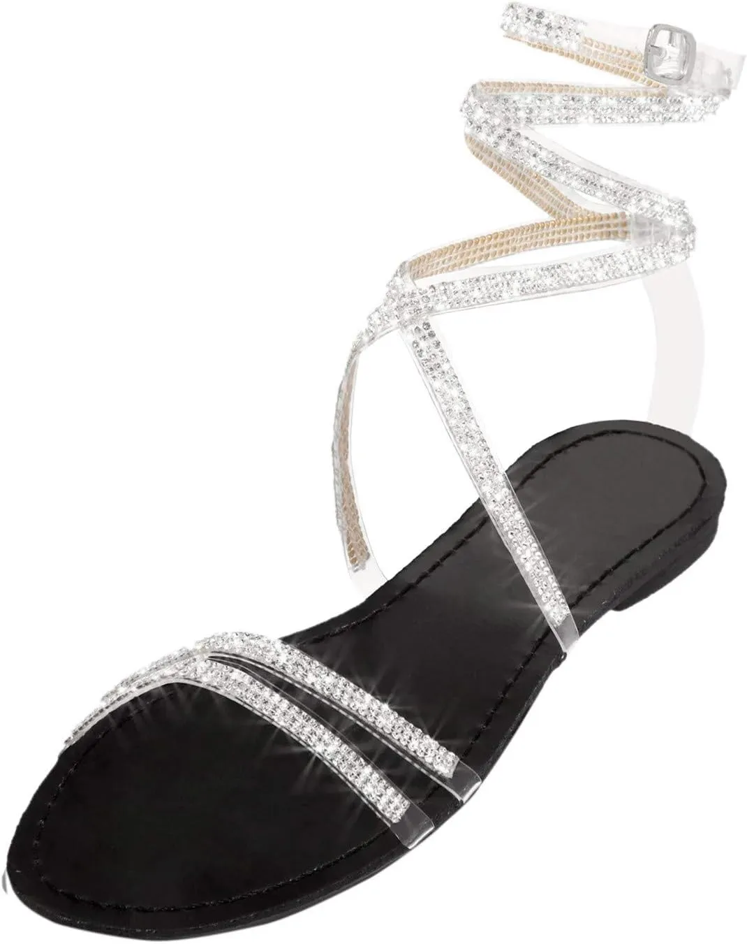 Rhinestones Sandals for Women Dressy 2025 Wedding Summer Flat Casual Summer Rhinestone Beaded Sparkly Bling Bohemian Lace Flower Sandal Comfortable Elastic Ankle Strap Beach Shoes
