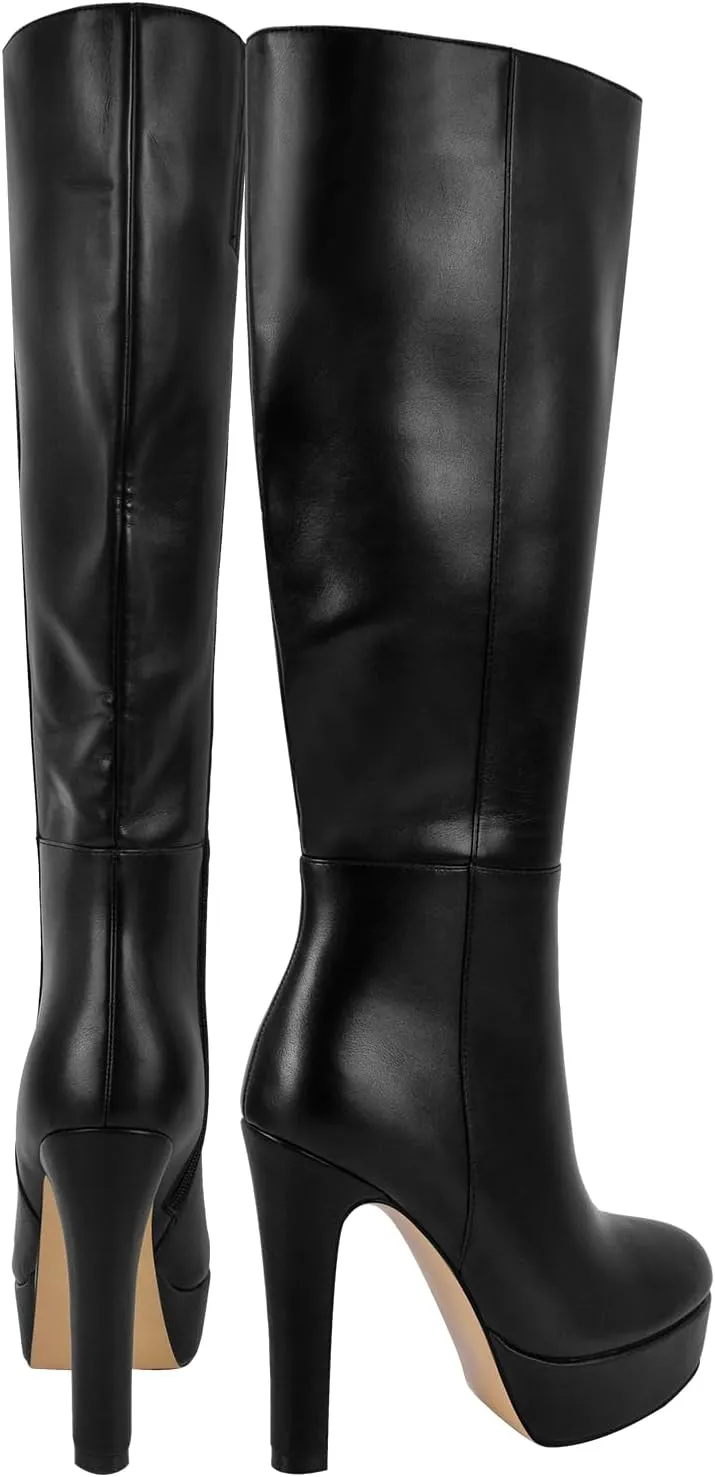 richealnini Platform Knee High Boots for Women Side Zip Up Tall Boots with Block Heel Comfort Long Boots