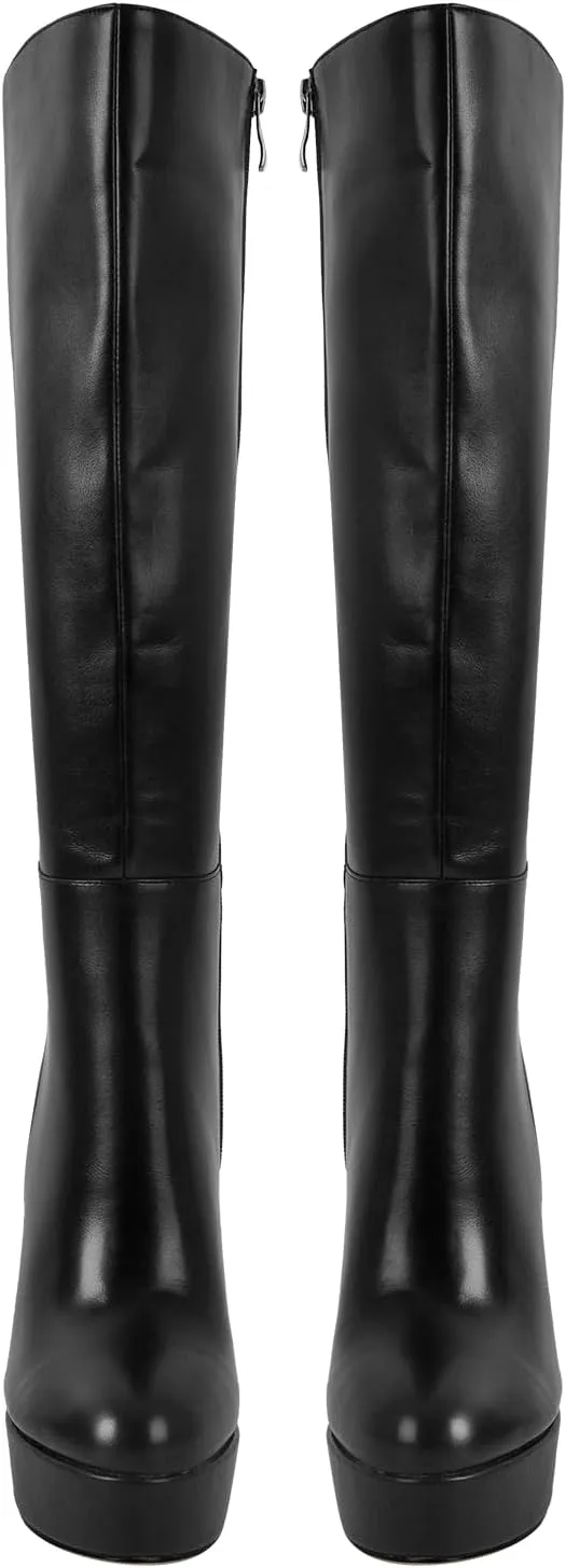 richealnini Platform Knee High Boots for Women Side Zip Up Tall Boots with Block Heel Comfort Long Boots