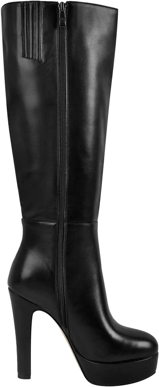 richealnini Platform Knee High Boots for Women Side Zip Up Tall Boots with Block Heel Comfort Long Boots