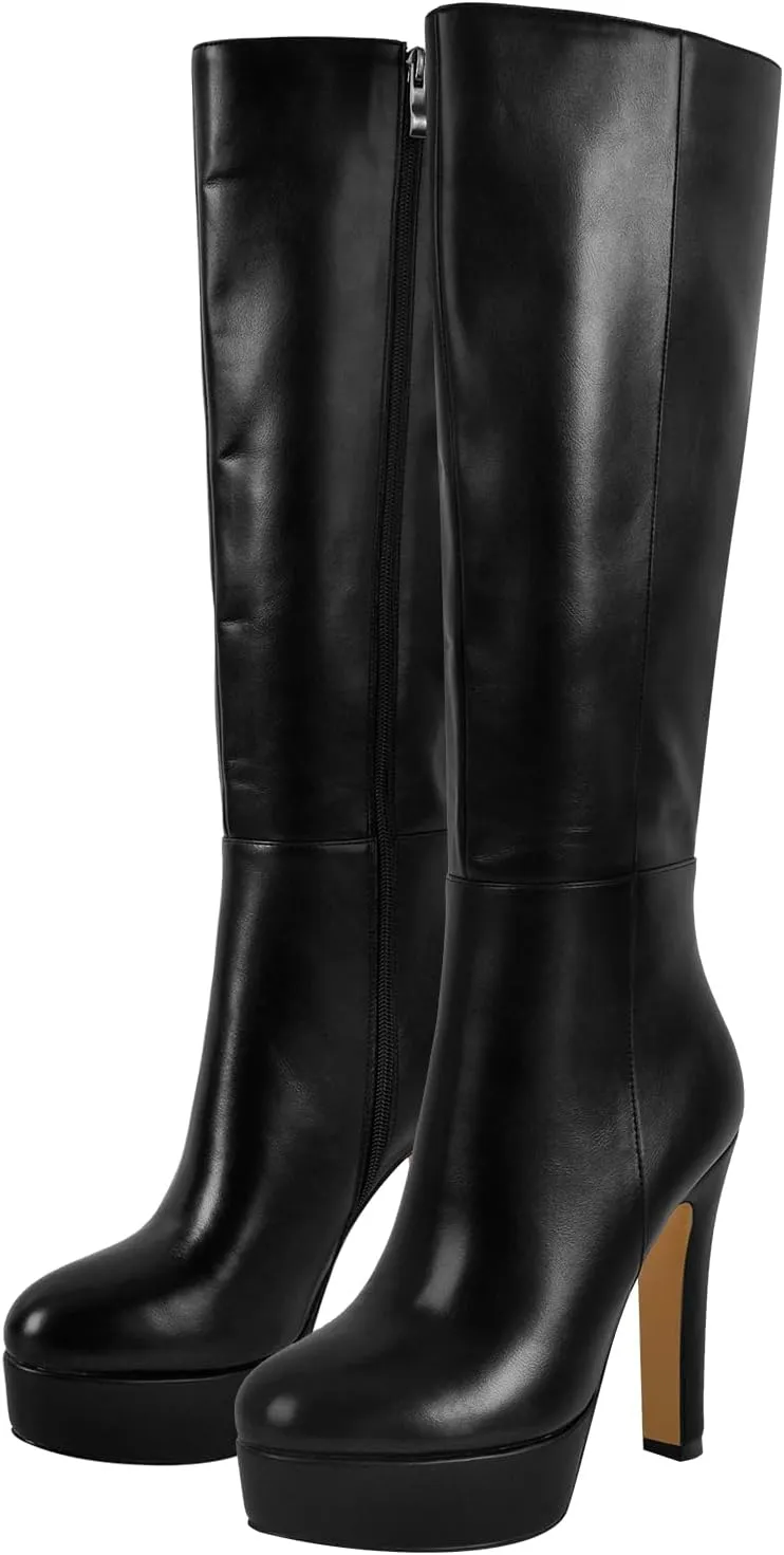 richealnini Platform Knee High Boots for Women Side Zip Up Tall Boots with Block Heel Comfort Long Boots