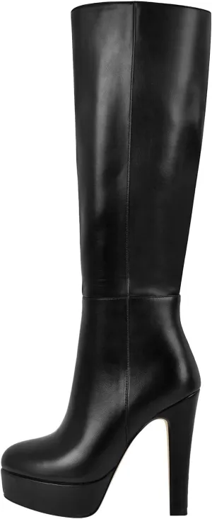 richealnini Platform Knee High Boots for Women Side Zip Up Tall Boots with Block Heel Comfort Long Boots