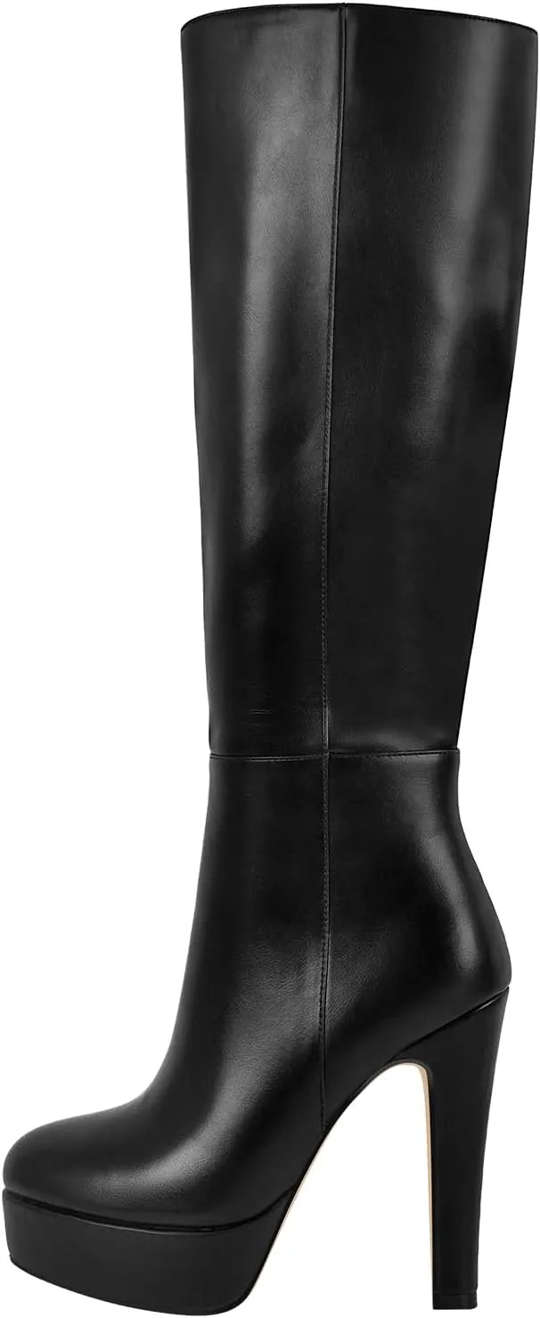 richealnini Platform Knee High Boots for Women Side Zip Up Tall Boots with Block Heel Comfort Long Boots