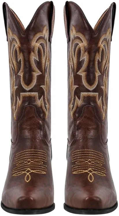richealnini Women's Cowgirl Cowboy Boots Pull On Tab Embroidered Mid Calf Booties Western Boots in Denim
