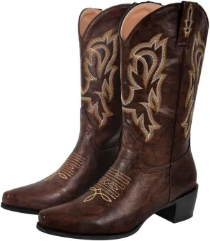richealnini Women's Cowgirl Cowboy Boots Pull On Tab Embroidered Mid Calf Booties Western Boots in Denim