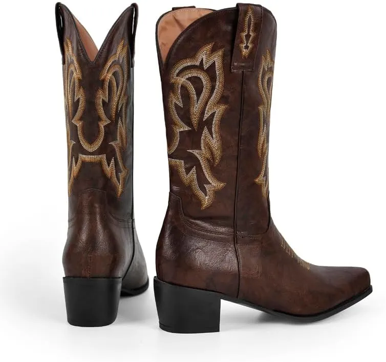 richealnini Women's Cowgirl Cowboy Boots Pull On Tab Embroidered Mid Calf Booties Western Boots in Denim