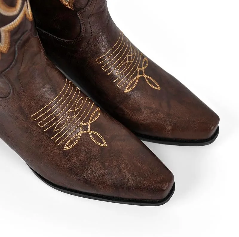 richealnini Women's Cowgirl Cowboy Boots Pull On Tab Embroidered Mid Calf Booties Western Boots in Denim