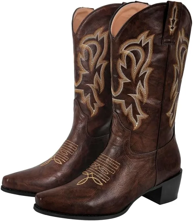 richealnini Women's Cowgirl Cowboy Boots Pull On Tab Embroidered Mid Calf Booties Western Boots in Denim