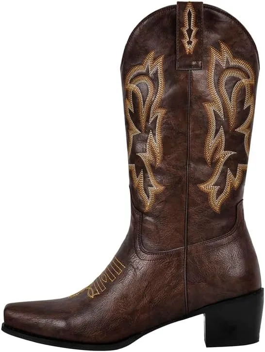 richealnini Women's Cowgirl Cowboy Boots Pull On Tab Embroidered Mid Calf Booties Western Boots in Denim
