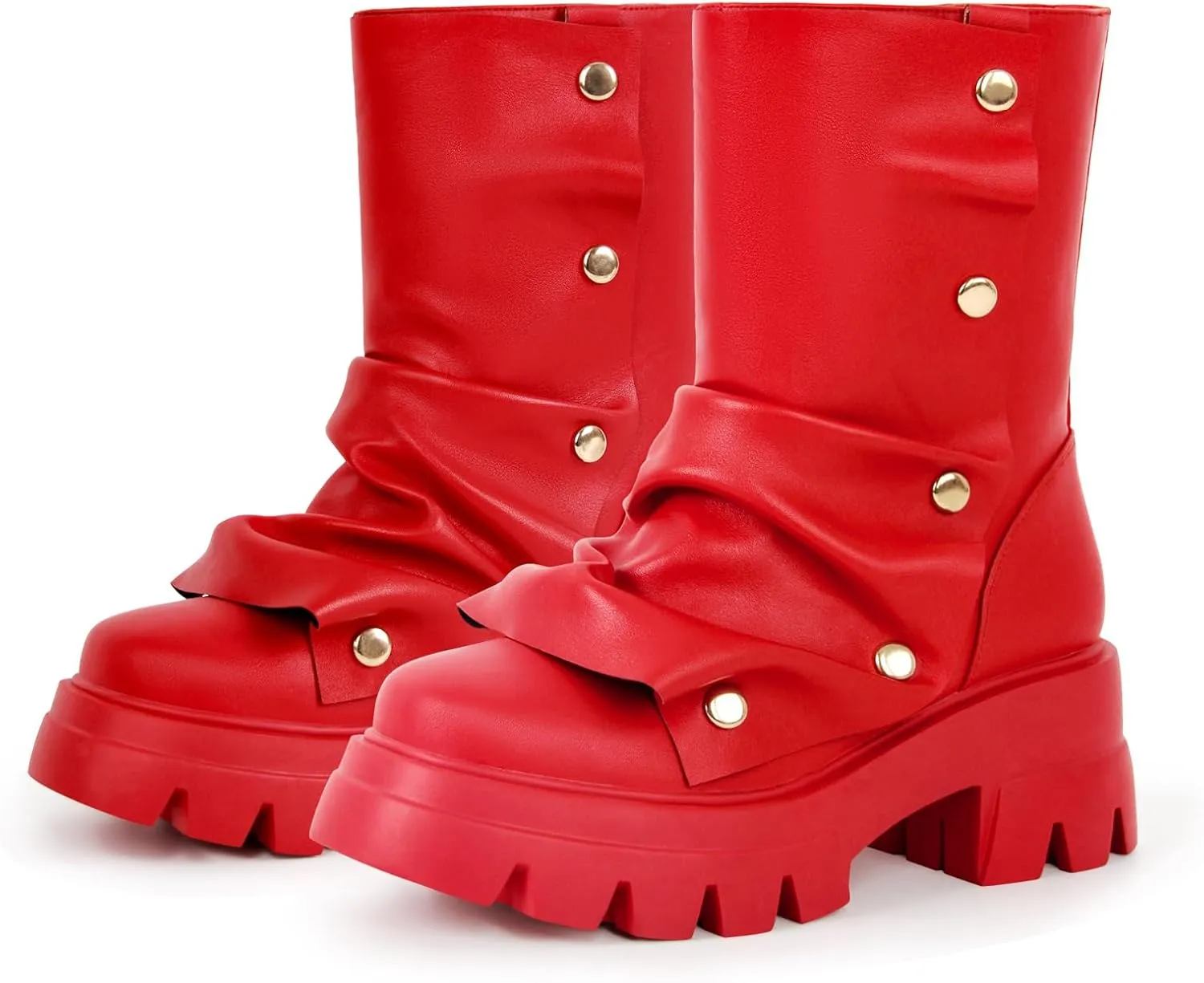 richealnini Women's Platform Punk Boots Slouch Fold Over Ankle Boots Pull On Ruched Boots