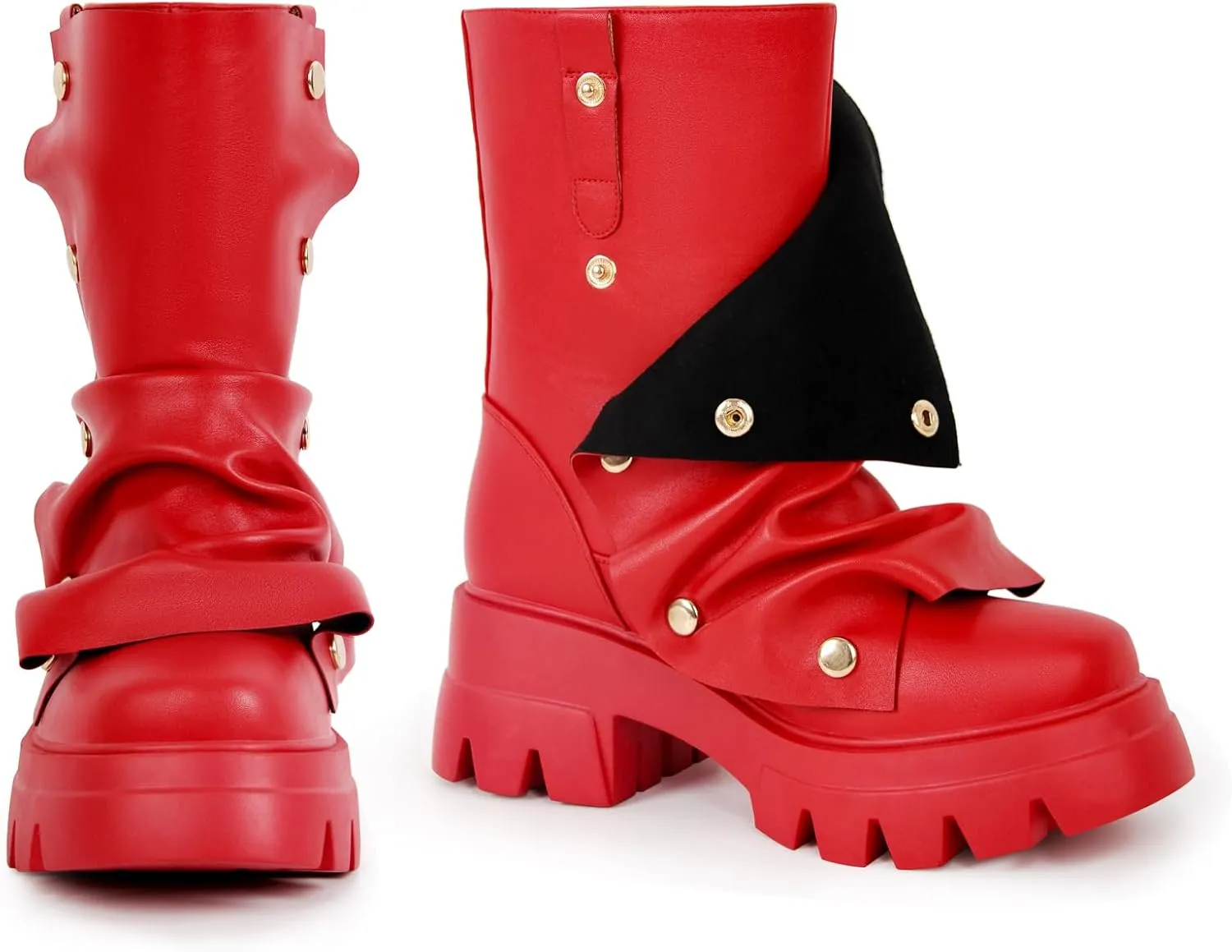 richealnini Women's Platform Punk Boots Slouch Fold Over Ankle Boots Pull On Ruched Boots