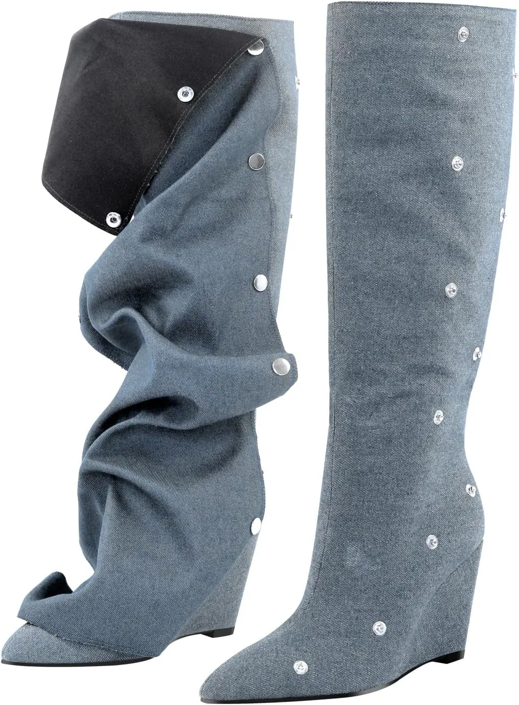 richealnini Women's Slouchy Knee High Boots Wedge Heels Detachable Boots Pointed Toe