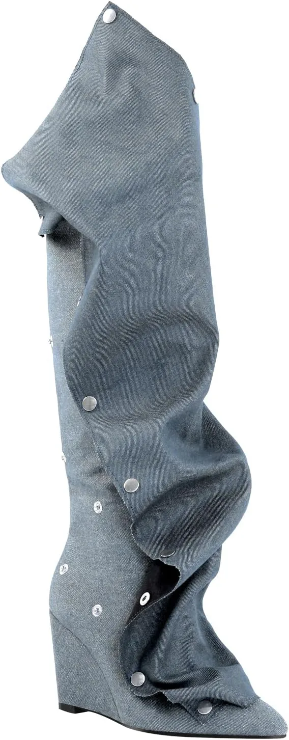 richealnini Women's Slouchy Knee High Boots Wedge Heels Detachable Boots Pointed Toe