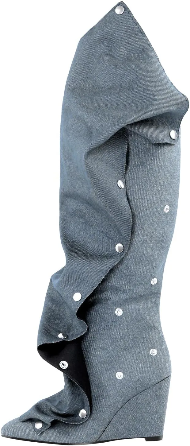 richealnini Women's Slouchy Knee High Boots Wedge Heels Detachable Boots Pointed Toe