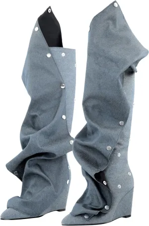 richealnini Women's Slouchy Knee High Boots Wedge Heels Detachable Boots Pointed Toe