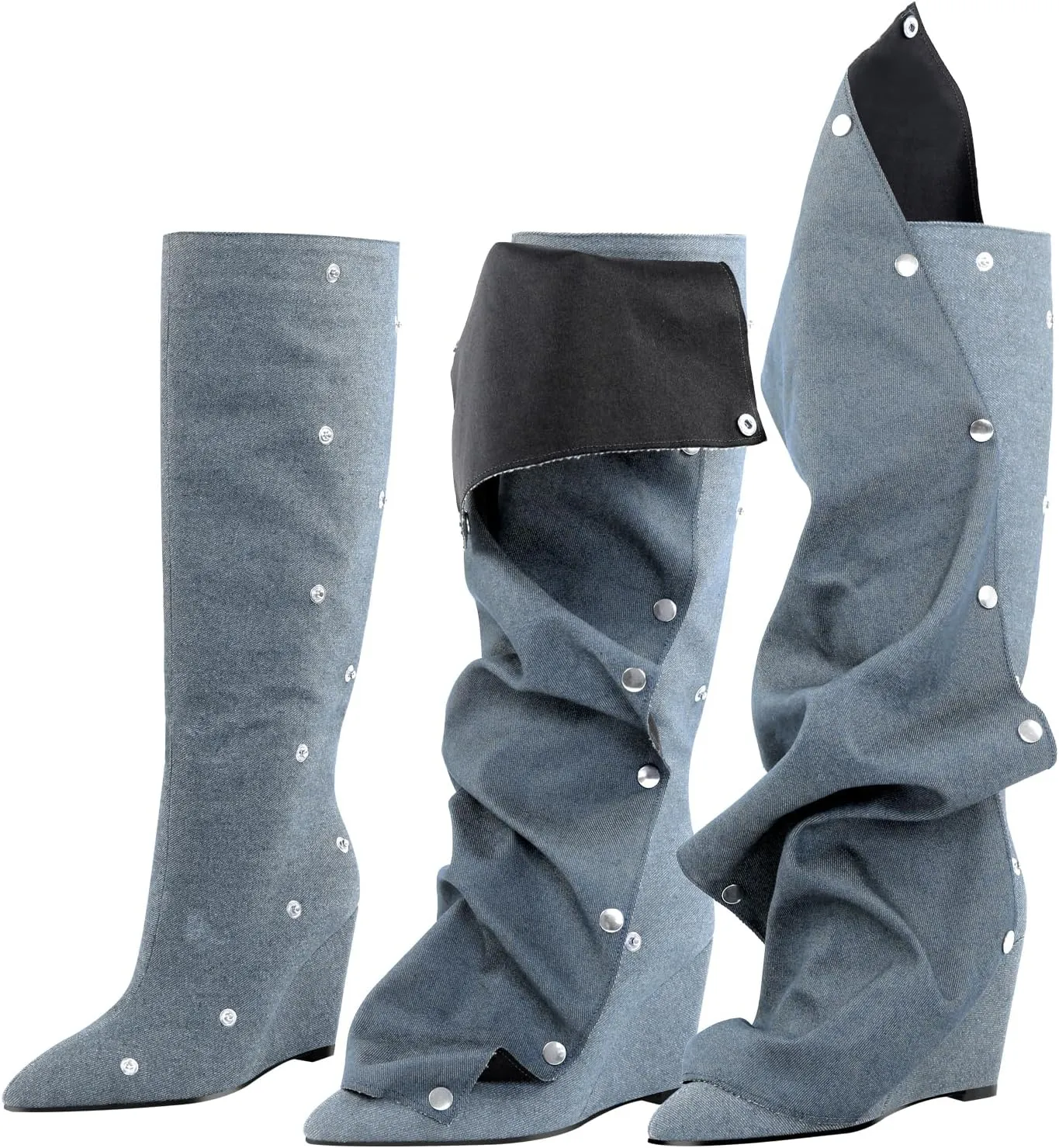 richealnini Women's Slouchy Knee High Boots Wedge Heels Detachable Boots Pointed Toe