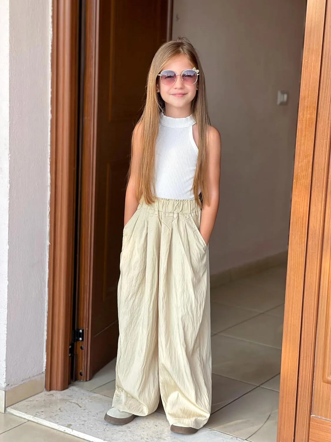 Rolanko Girls Wide Leg Pants Flowy Loose Fit Palazzo Pants for Girls Kids Linen Trousers Casual Beach 6-14Y