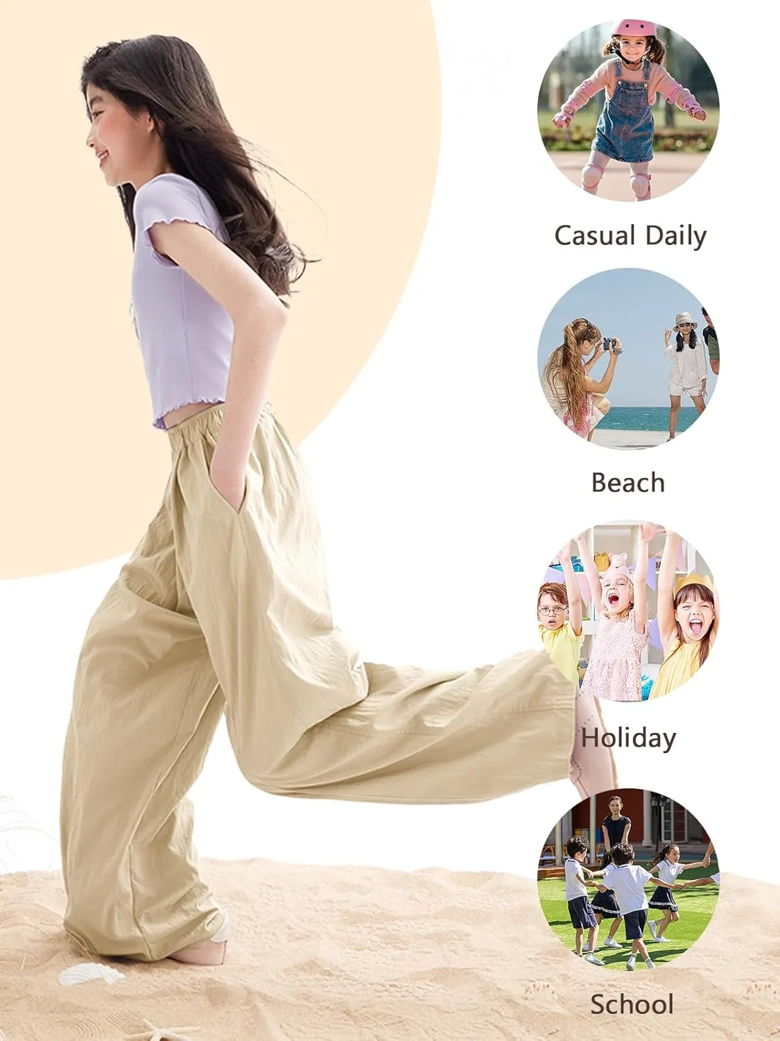 Rolanko Girls Wide Leg Pants Flowy Loose Fit Palazzo Pants for Girls Kids Linen Trousers Casual Beach 6-14Y
