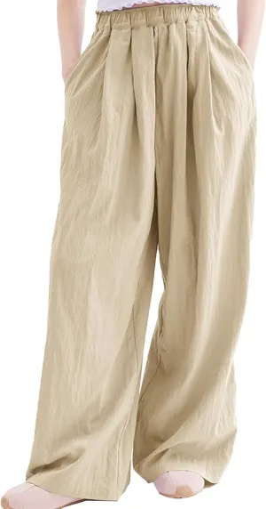 Rolanko Girls Wide Leg Pants Flowy Loose Fit Palazzo Pants for Girls Kids Linen Trousers Casual Beach 6-14Y