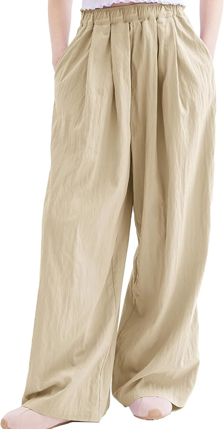 Rolanko Girls Wide Leg Pants Flowy Loose Fit Palazzo Pants for Girls Kids Linen Trousers Casual Beach 6-14Y