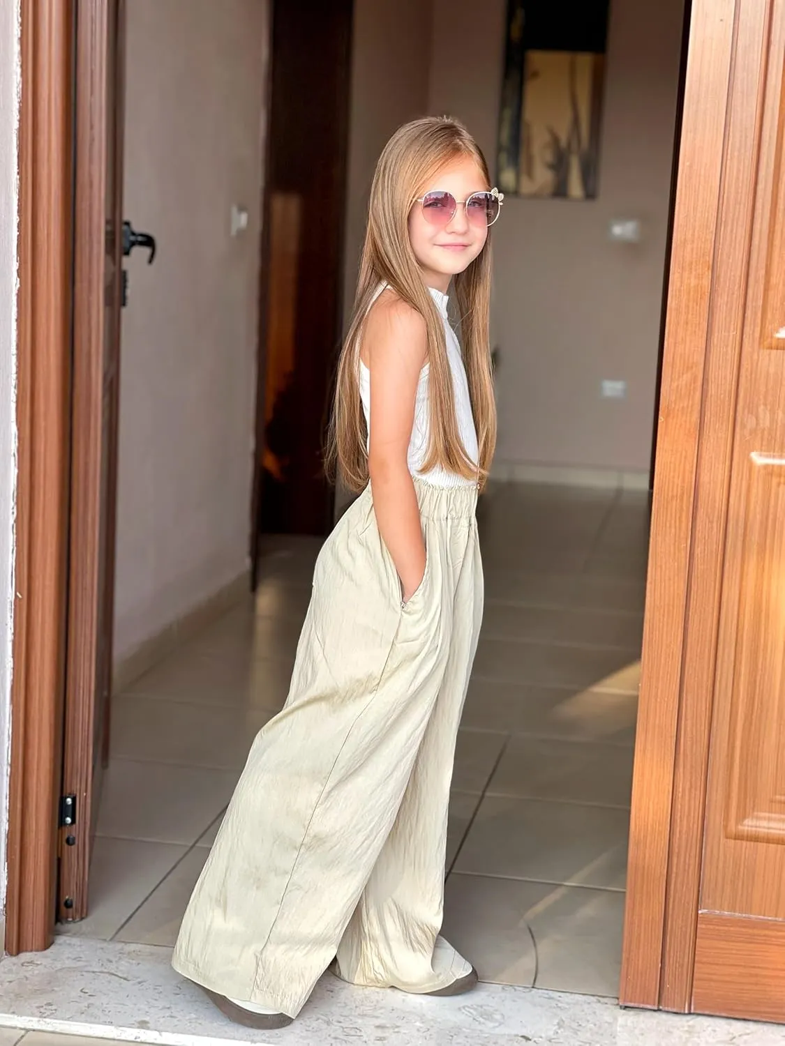 Rolanko Girls Wide Leg Pants Flowy Loose Fit Palazzo Pants for Girls Kids Linen Trousers Casual Beach 6-14Y