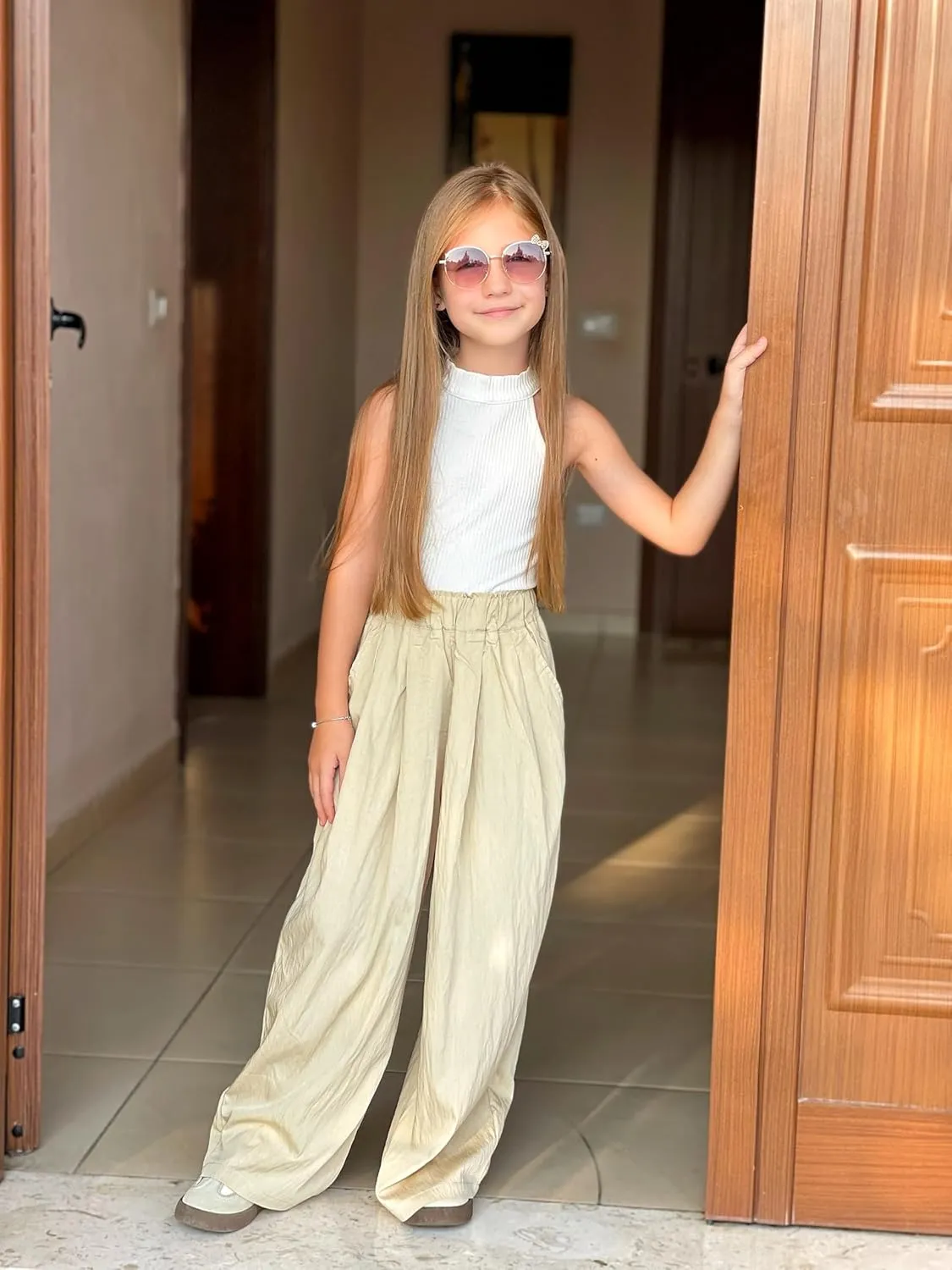 Rolanko Girls Wide Leg Pants Flowy Loose Fit Palazzo Pants for Girls Kids Linen Trousers Casual Beach 6-14Y