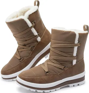 Rominz Women's Winter Snow Boots - Waterproof Black Fur Lined Warm Mid Calf Non-Slip Ankle Boots - White Lace-Up Platform