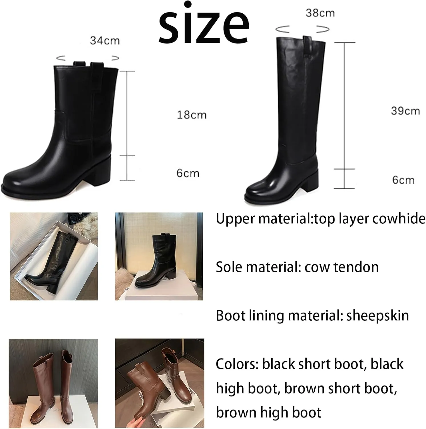 Round Toe Thick Heel Boots,Sleeve High Heel Boots,High Boots,Cowhide Upper, Sheepskin Lining,Cow Tendon Sole