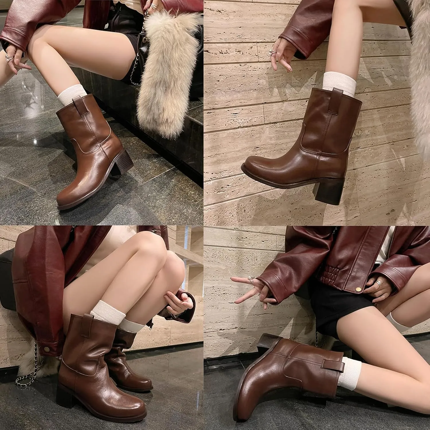 Round Toe Thick Heel Boots,Sleeve High Heel Boots,High Boots,Cowhide Upper, Sheepskin Lining,Cow Tendon Sole