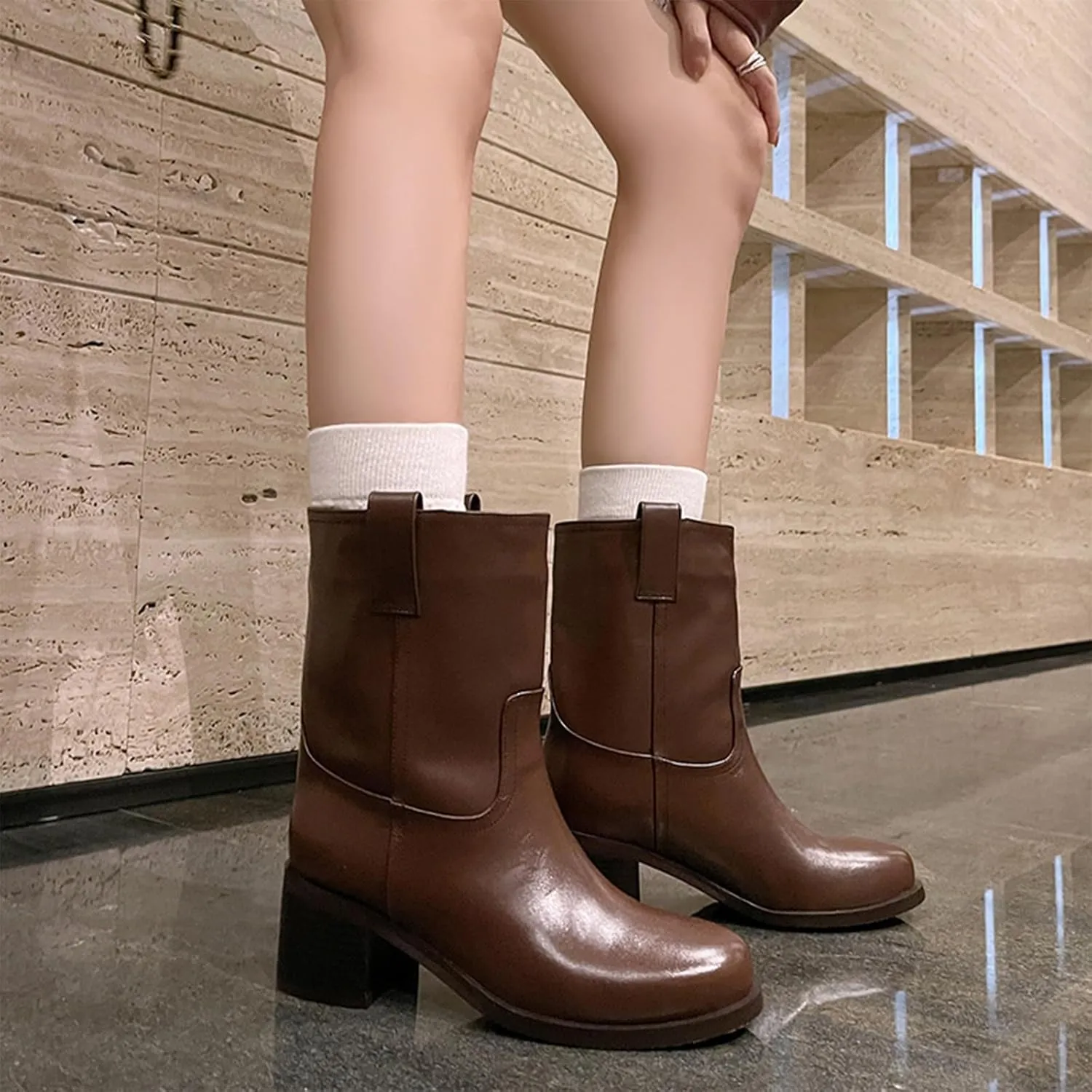 Round Toe Thick Heel Boots,Sleeve High Heel Boots,High Boots,Cowhide Upper, Sheepskin Lining,Cow Tendon Sole