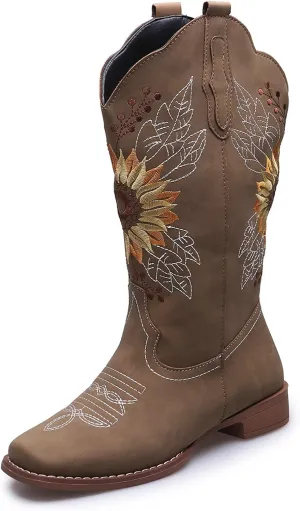 SACFOF Cowboy Boots for Women Sunflower Boots Square Toe Mid Calf Western Embroidery Stitched Low Heel Western Cowgirl Boots