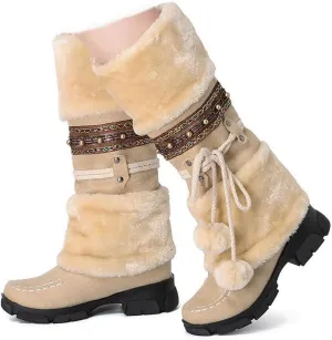 SACFOF Mid Calf Boots for Women,Winter Lace Up Pompoms Platform Anti-Slip Furry Snow Boots Fur Lined Keep Warm Knight Boots