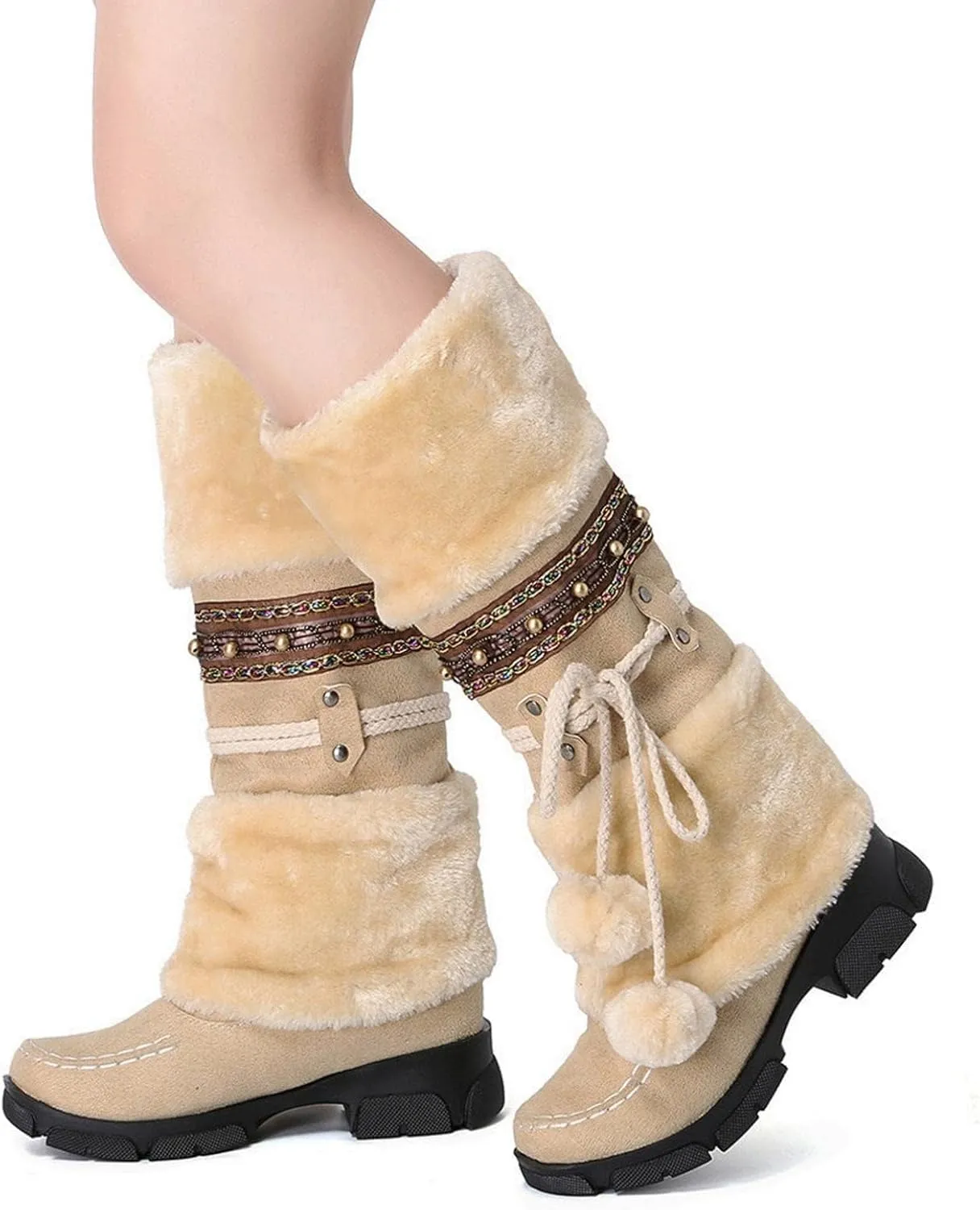 SACFOF Mid Calf Boots for Women,Winter Lace Up Pompoms Platform Anti-Slip Furry Snow Boots Fur Lined Keep Warm Knight Boots