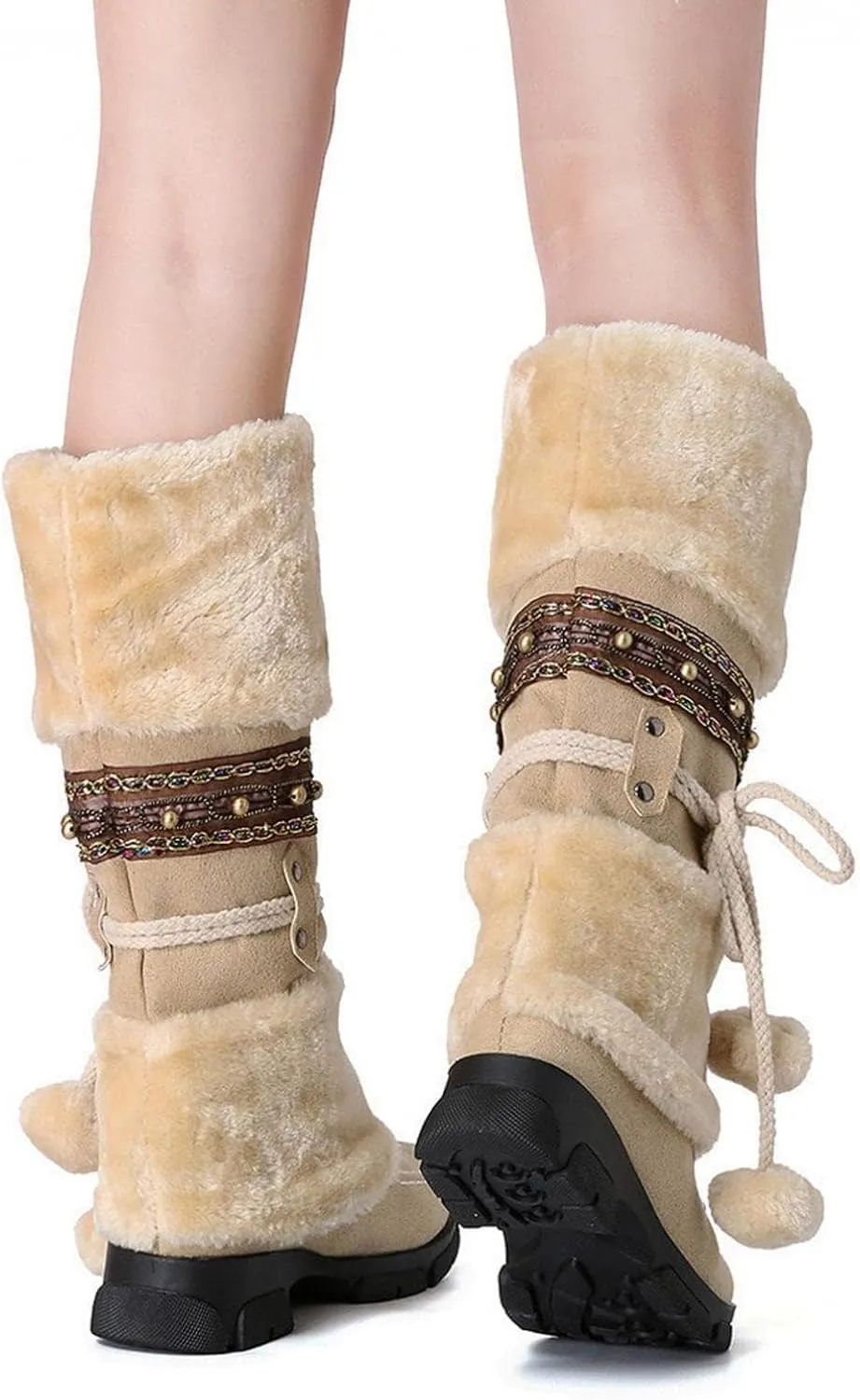 SACFOF Mid Calf Boots for Women,Winter Lace Up Pompoms Platform Anti-Slip Furry Snow Boots Fur Lined Keep Warm Knight Boots