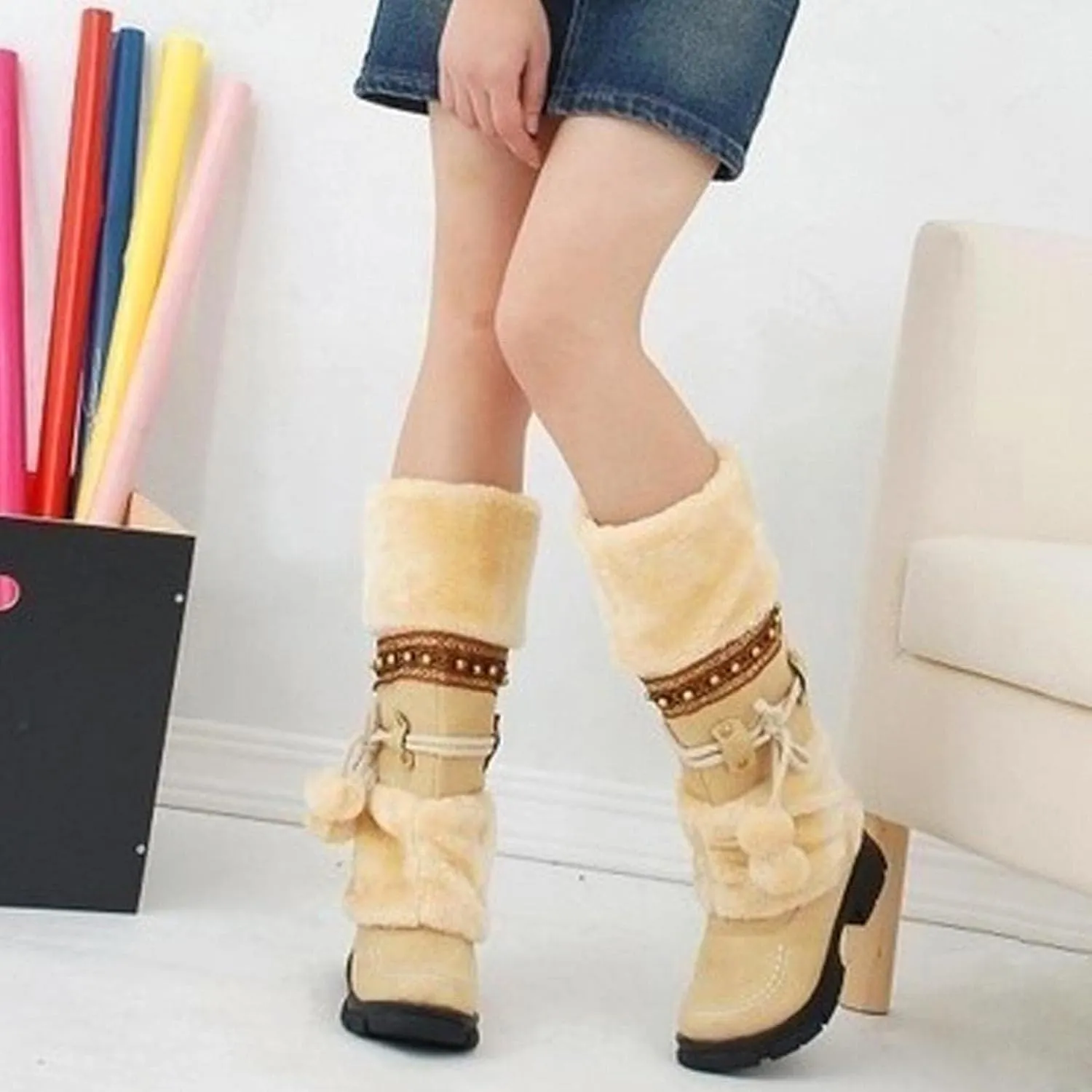 SACFOF Mid Calf Boots for Women,Winter Lace Up Pompoms Platform Anti-Slip Furry Snow Boots Fur Lined Keep Warm Knight Boots