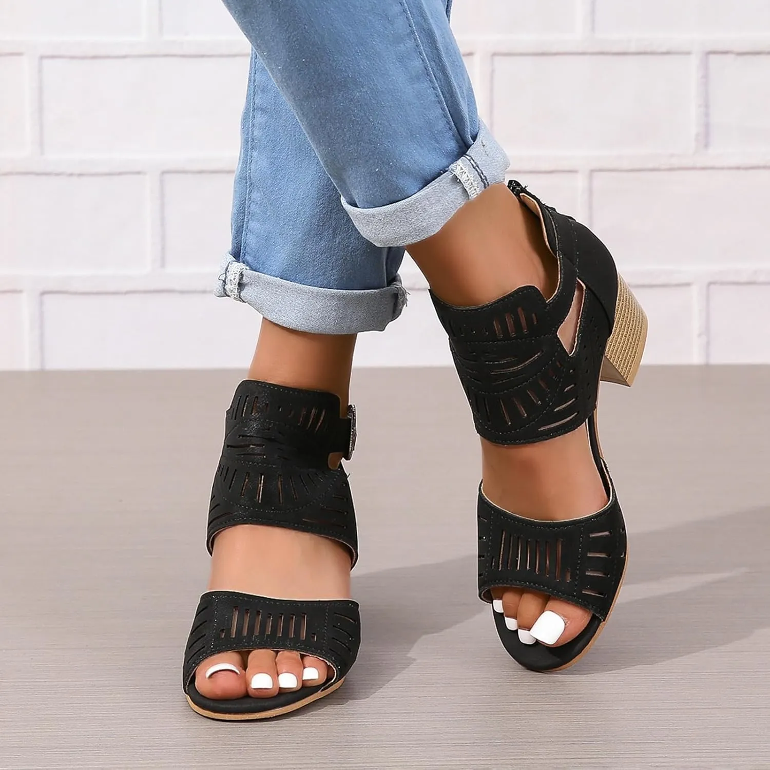 SACFOF Sandals for Women Dressy Summer Peep Toe Slingback Chunky Stacked Heel Ankle Booties Ankle Buckle Strap Sandals