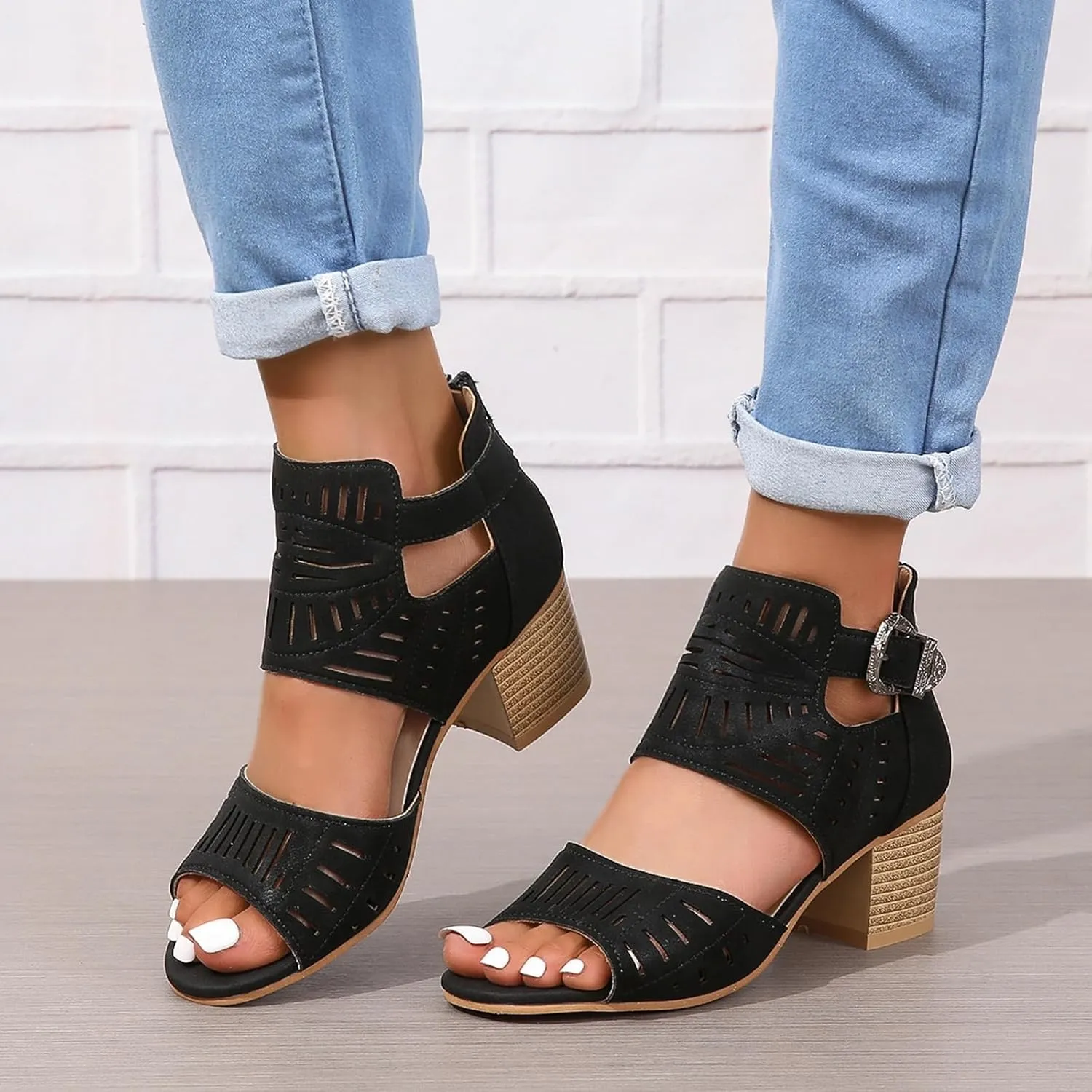 SACFOF Sandals for Women Dressy Summer Peep Toe Slingback Chunky Stacked Heel Ankle Booties Ankle Buckle Strap Sandals
