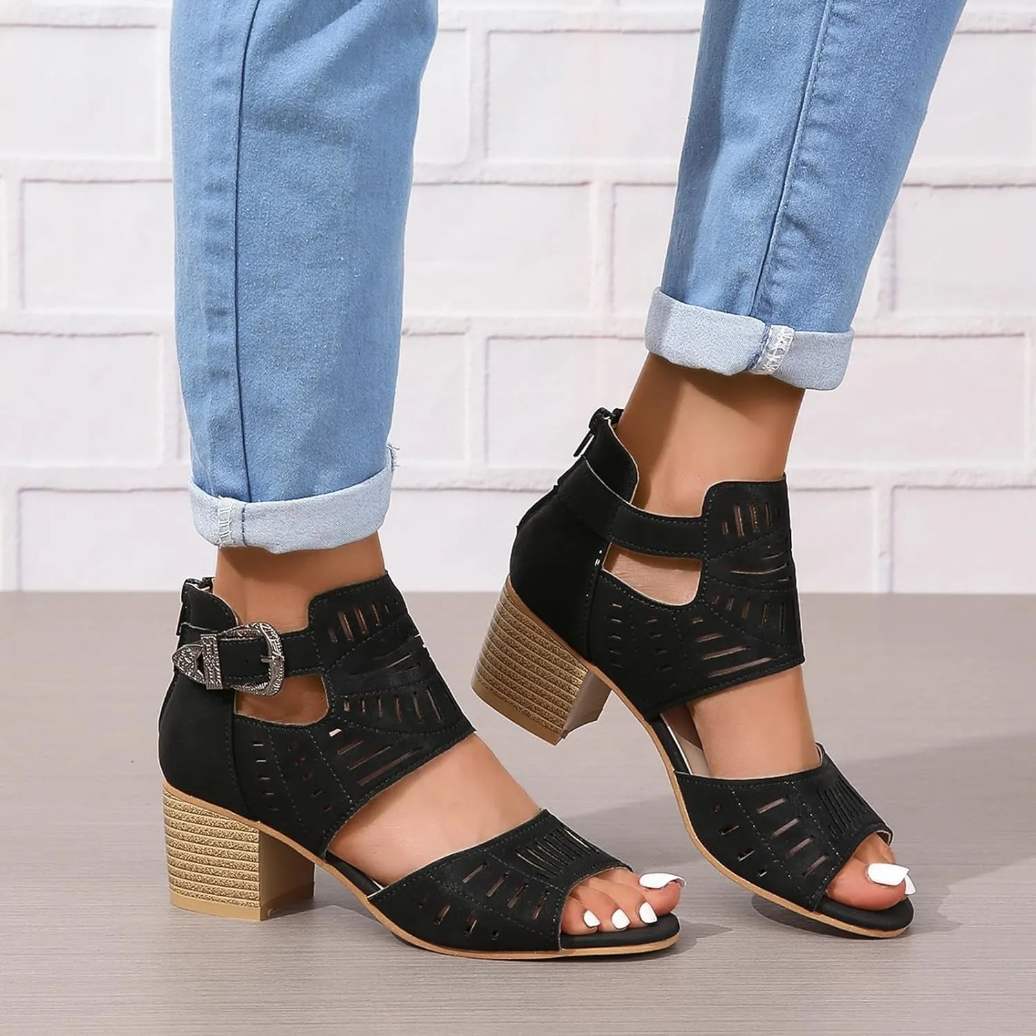 SACFOF Sandals for Women Dressy Summer Peep Toe Slingback Chunky Stacked Heel Ankle Booties Ankle Buckle Strap Sandals