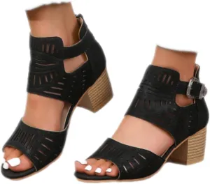 SACFOF Sandals for Women Dressy Summer Peep Toe Slingback Chunky Stacked Heel Ankle Booties Ankle Buckle Strap Sandals
