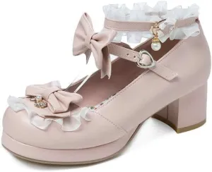 SACFOF Women Cute Lolita Shoes Platform Mary Janes Kawaii Strappy Ankle Strap Sweet Pumps Lace Cross Tied Dress Shoes