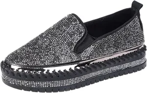 SACFOF Women Rhinestone Platform Loafers Glitter Fashion Slip-On Sparkle Bling Sequin Sneakers Casual Walking Flat Shoes