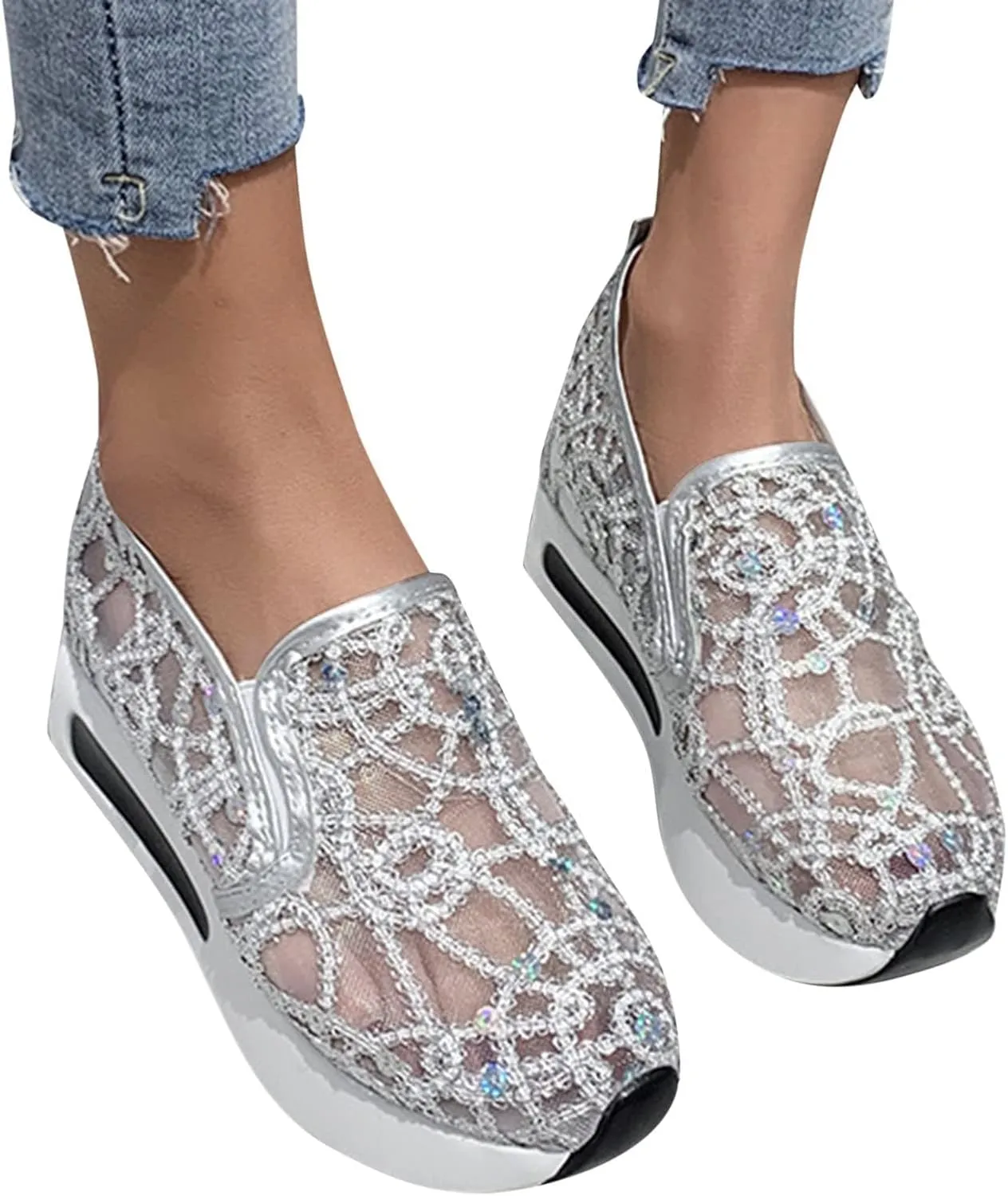 SACFOF Women's Floral Embroidery Breathable Mesh Sneakers Summer Platform Shoes Hidden Wedge High Top Walking Sneakers