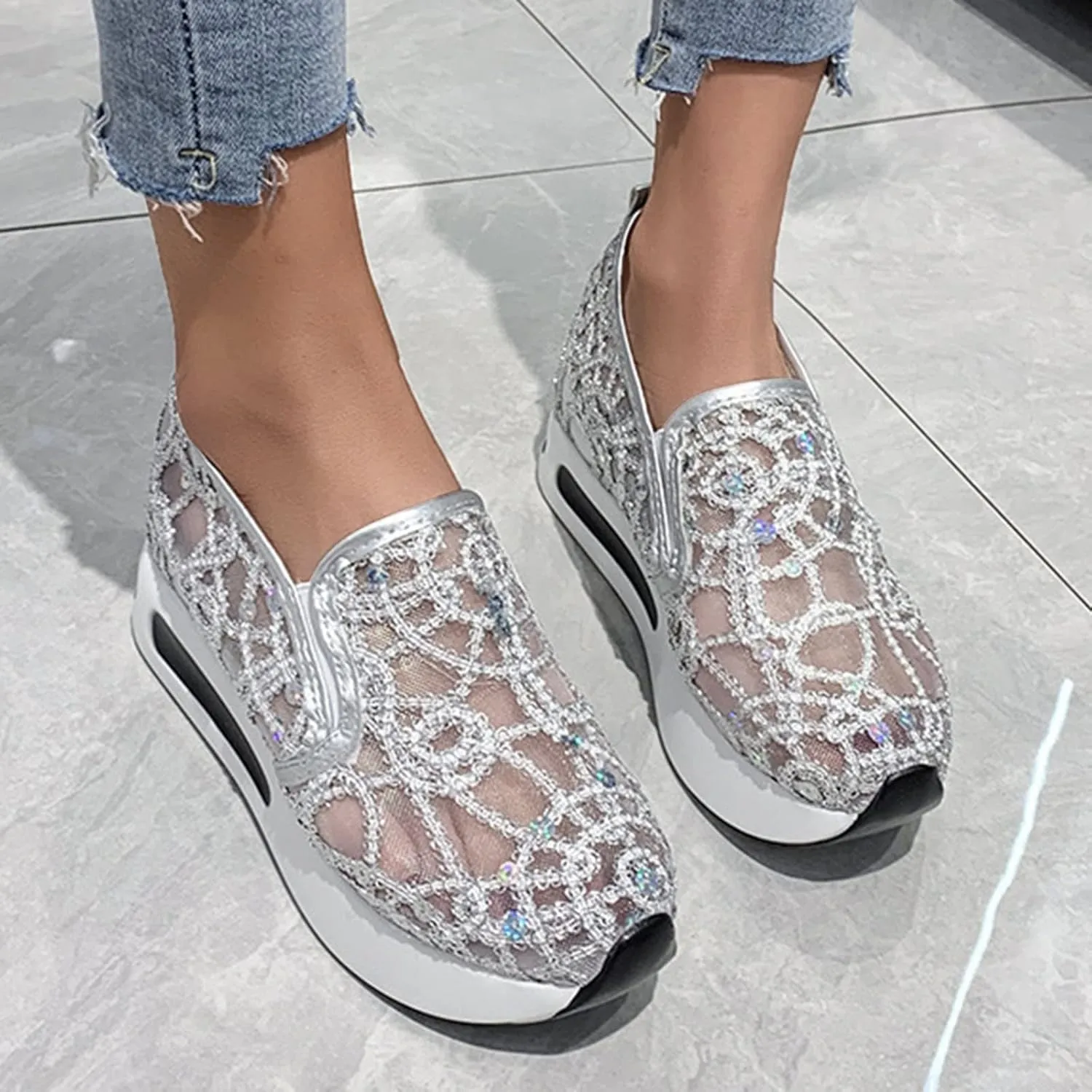 SACFOF Women's Floral Embroidery Breathable Mesh Sneakers Summer Platform Shoes Hidden Wedge High Top Walking Sneakers