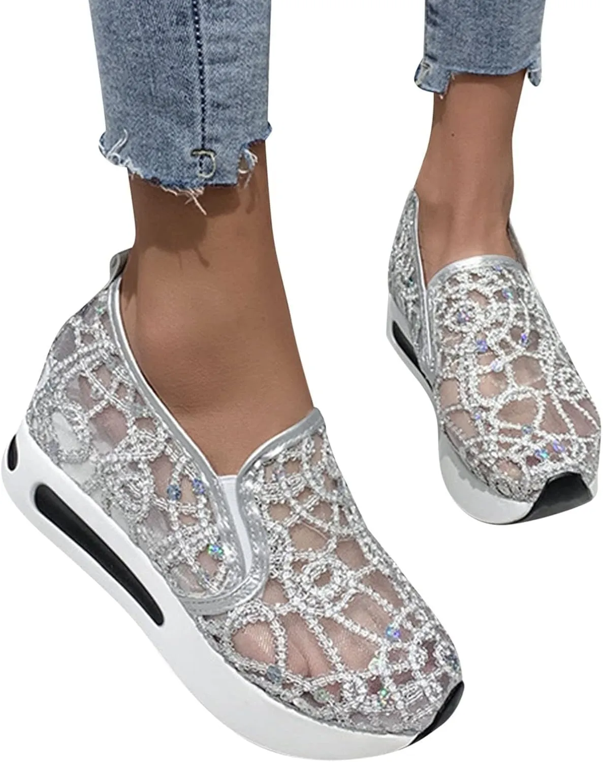 SACFOF Women's Floral Embroidery Breathable Mesh Sneakers Summer Platform Shoes Hidden Wedge High Top Walking Sneakers
